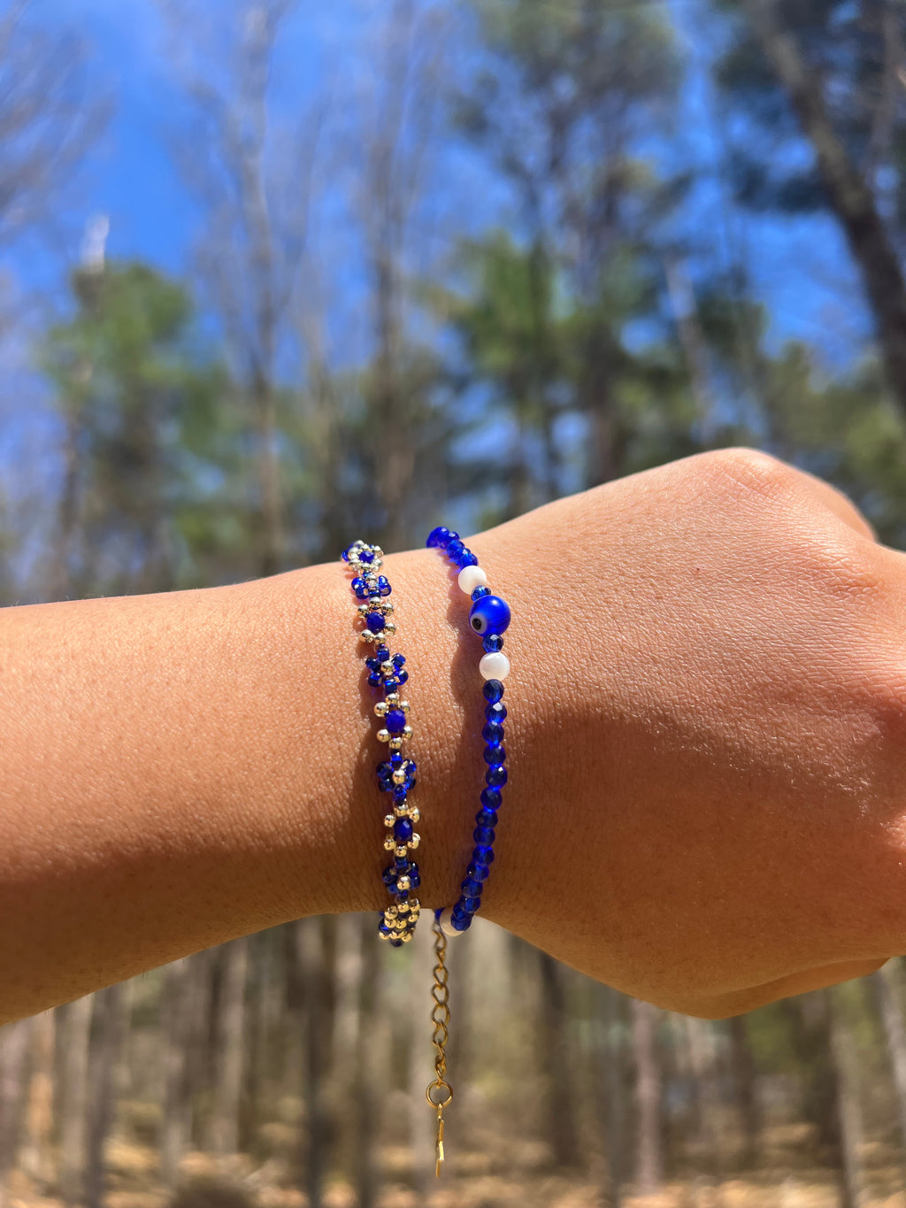Blue evil eye bracelet with Daisy stacker bracelet 2pcs
