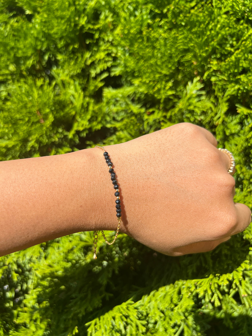 Black Minimalist Dainty gemstone bead bracelet with chain