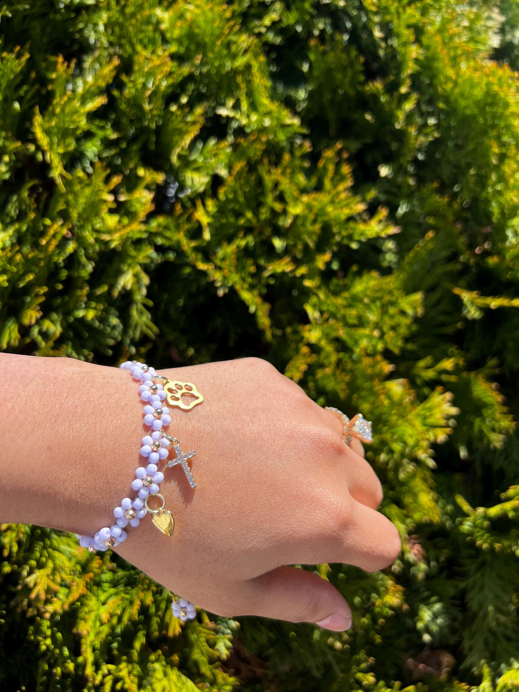 Purple Daisy Beaded Bracelet with charms