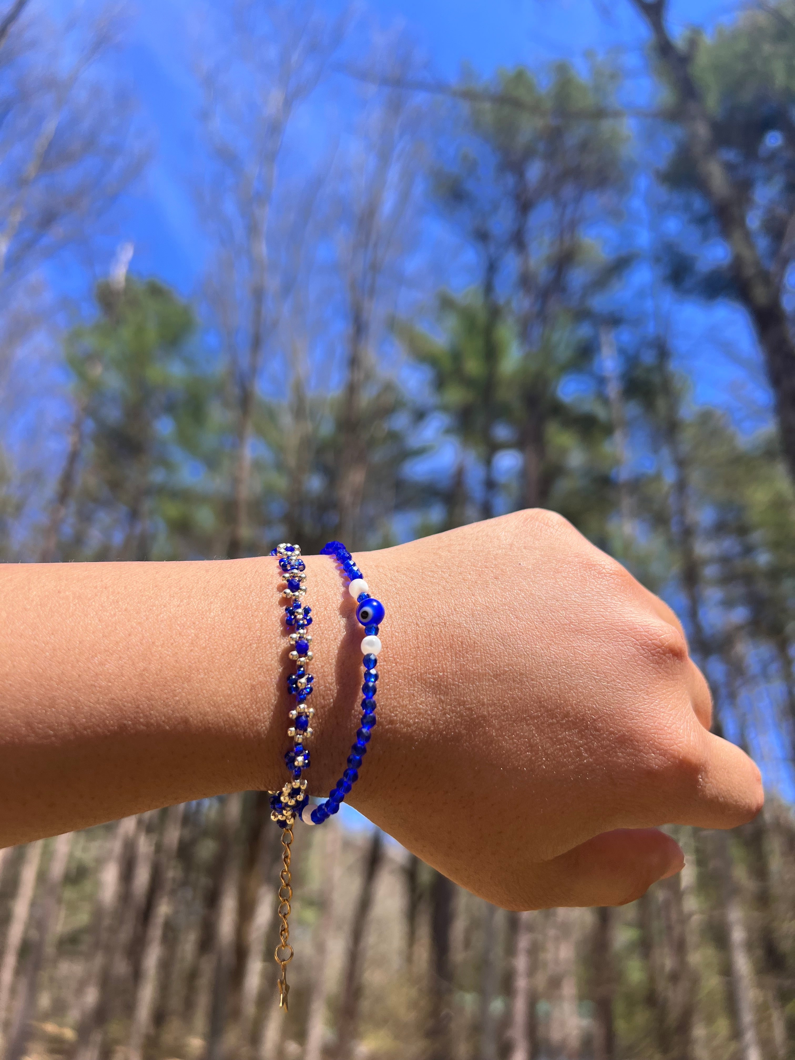 Blue evil eye bracelet with Daisy stacker bracelet 2pcs