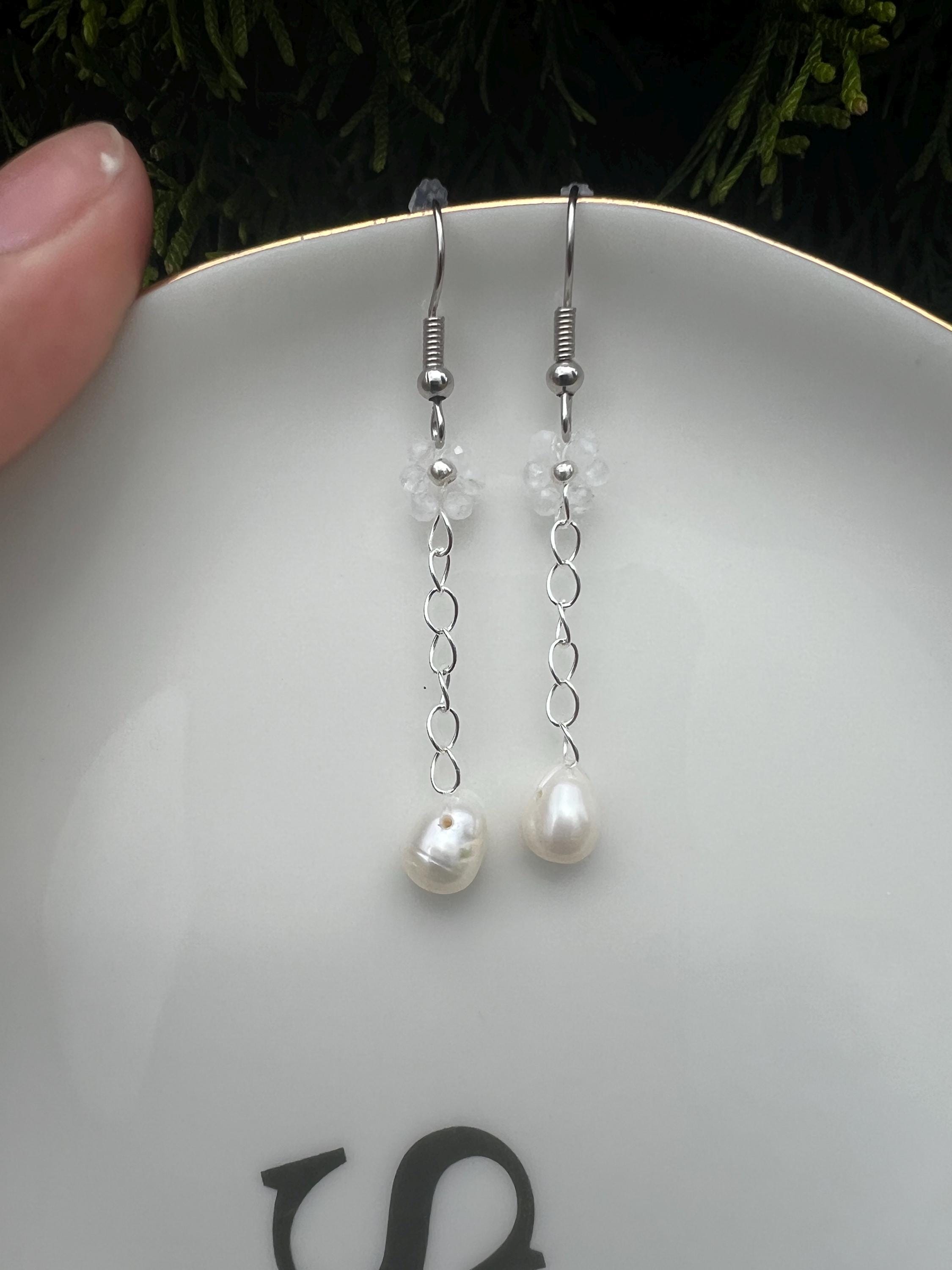 Daisy semi precious natural stone earrings with freshwater pearls