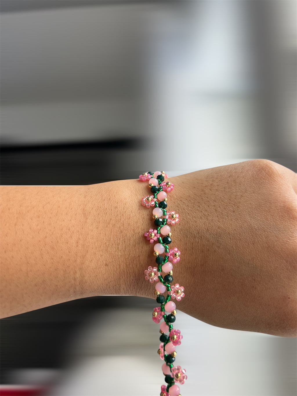 Pink & Green cherry blossom daisy bracelet