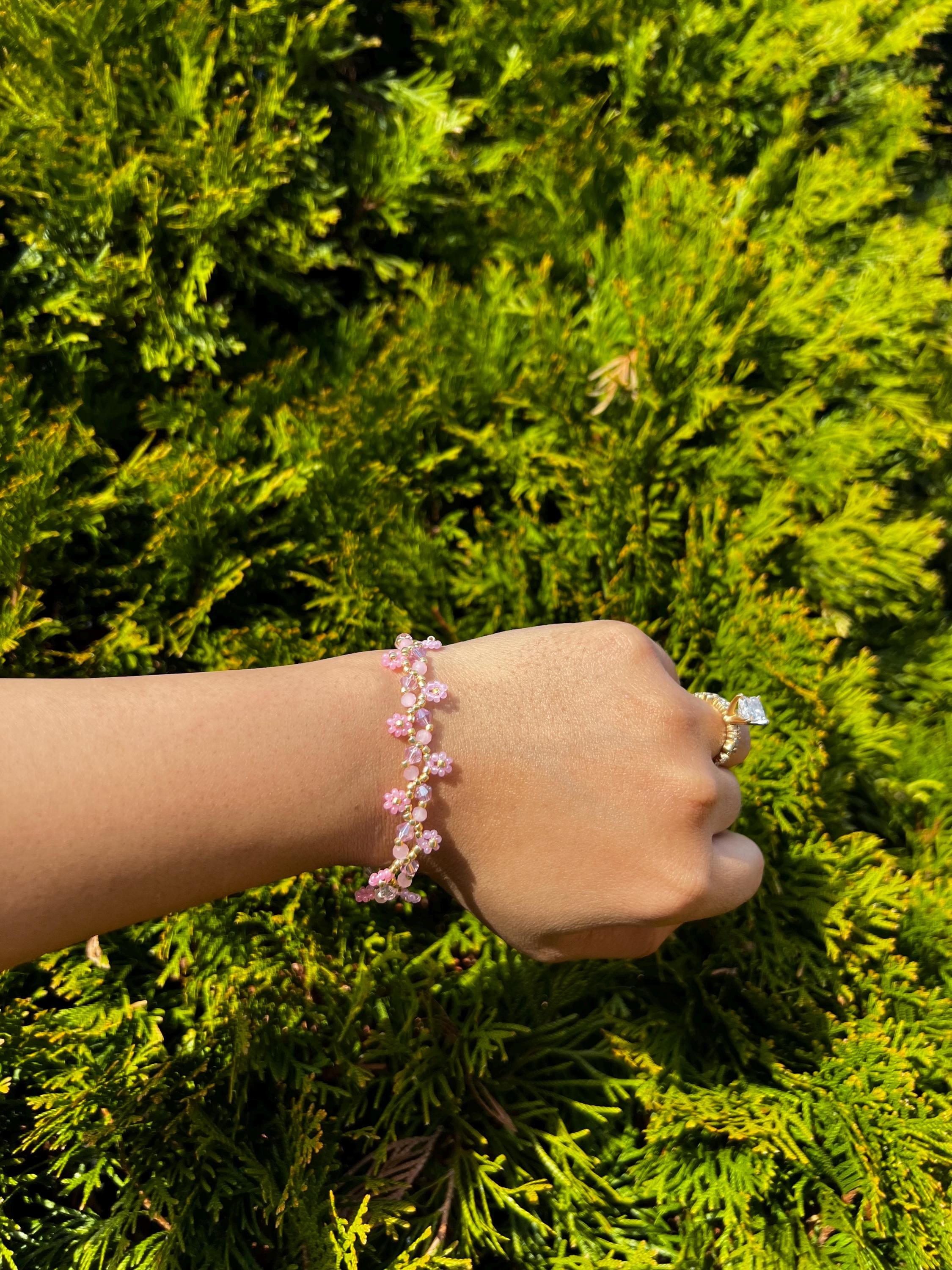Pink & Purple daisy Beaded Bracelet