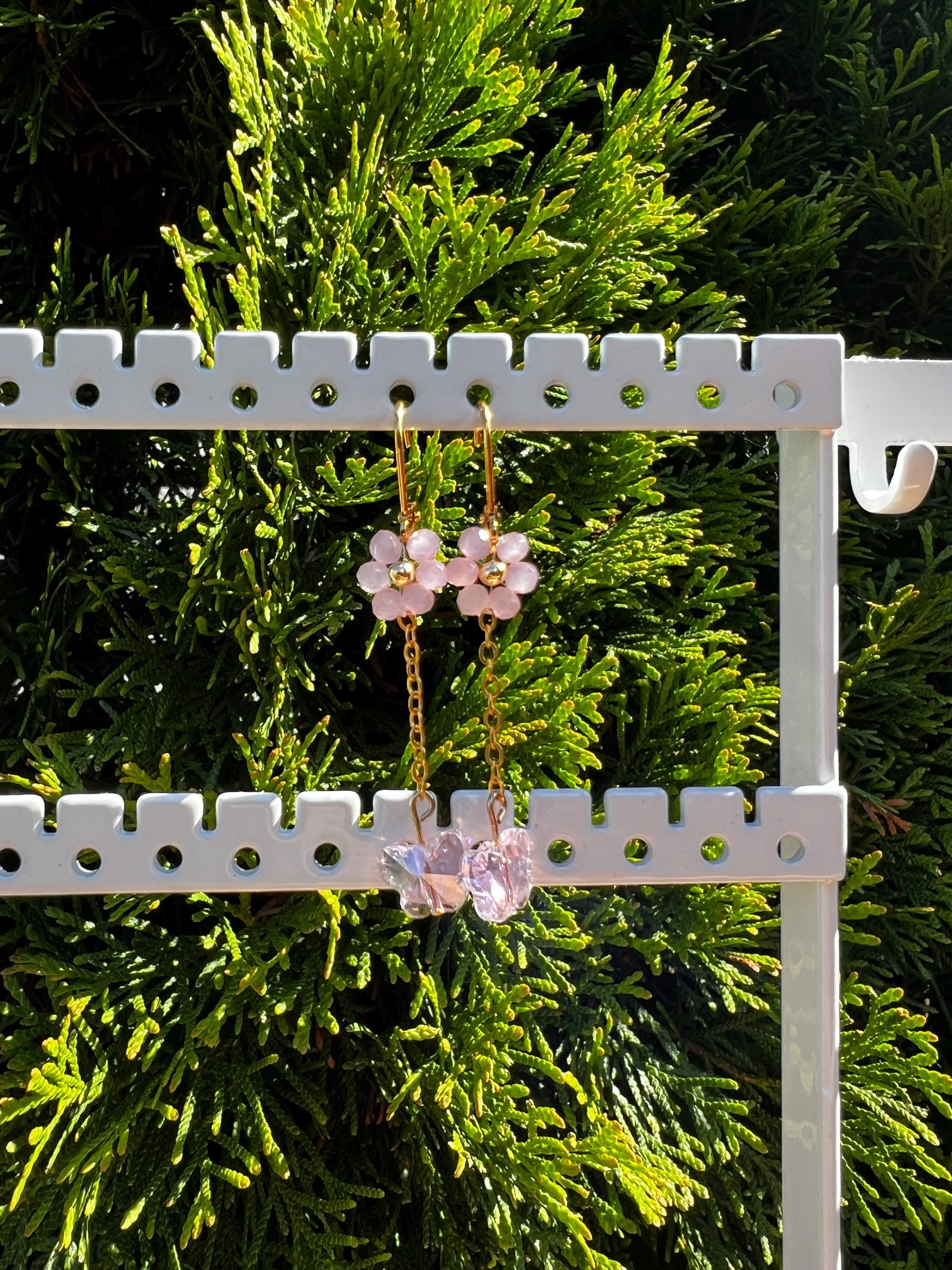 Daisy pink crystal earrings with butterfly