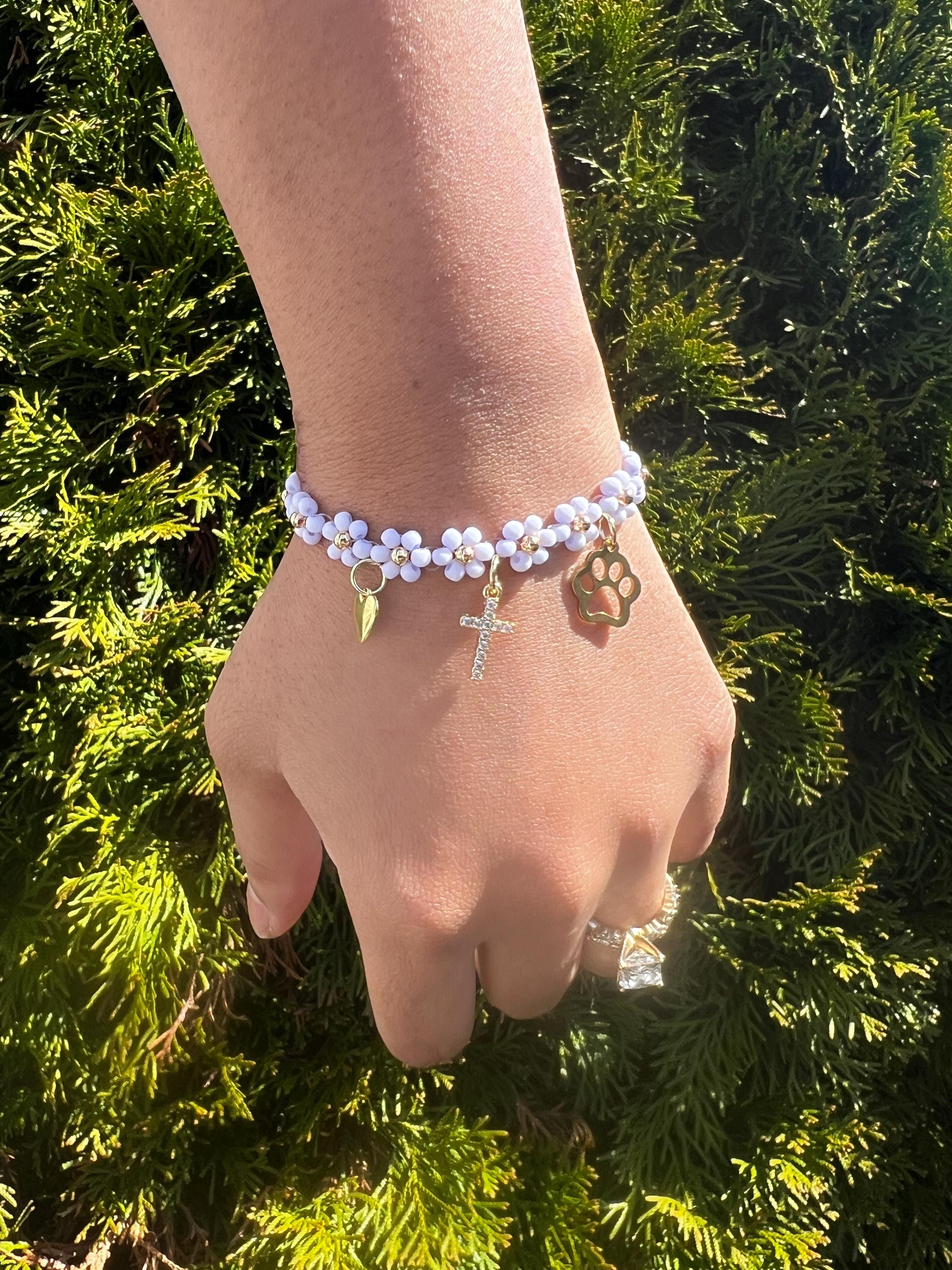 Purple Daisy Beaded Bracelet with charms