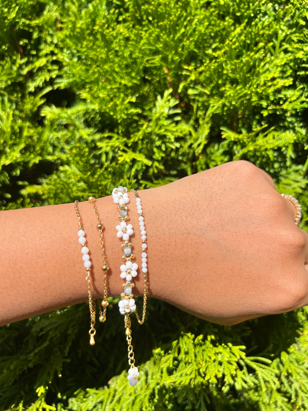 White and gray Daisy triple stack set Daisy Beaded Bracelet
