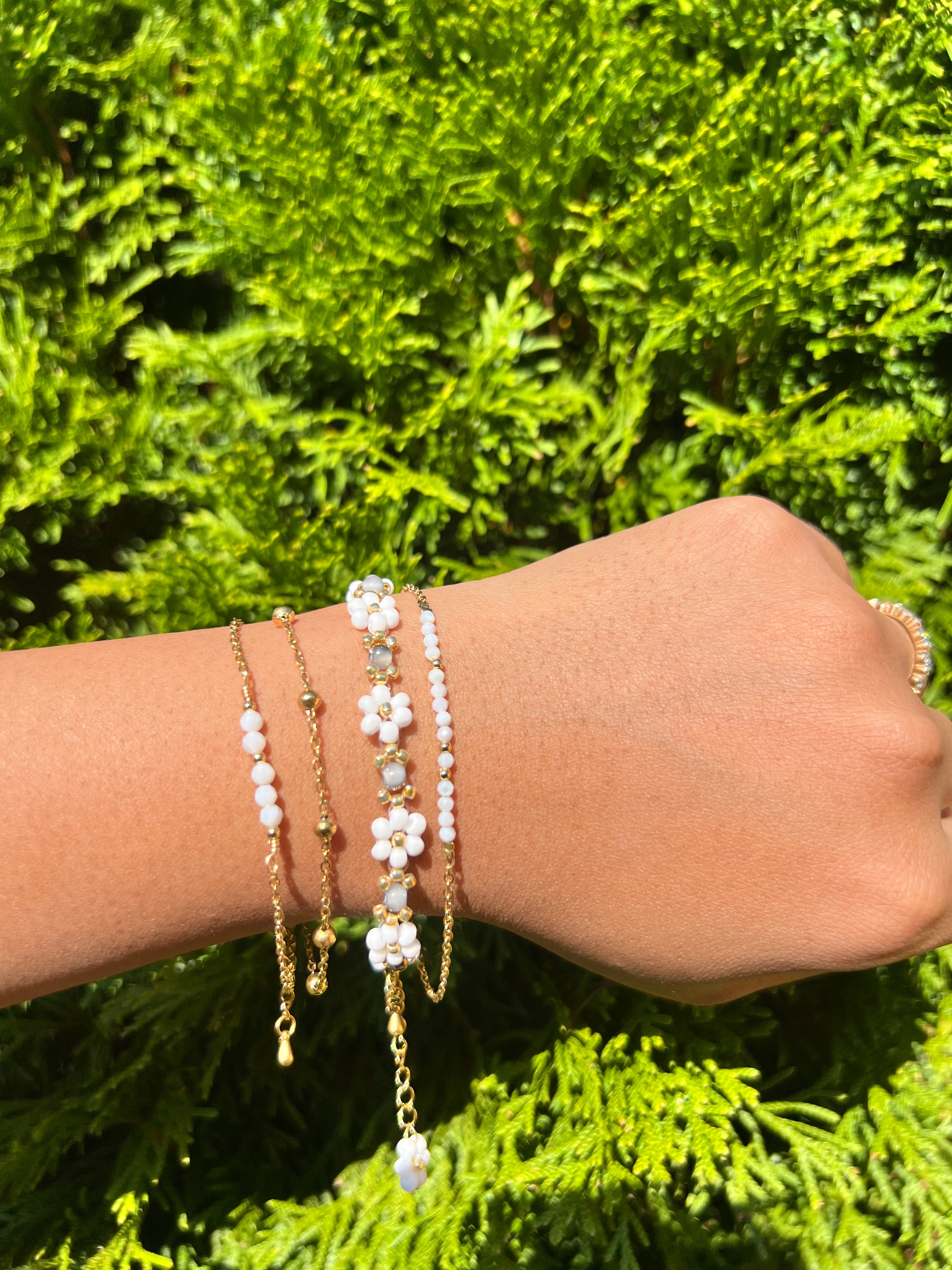 White and gray Daisy triple stack set Daisy Beaded Bracelet