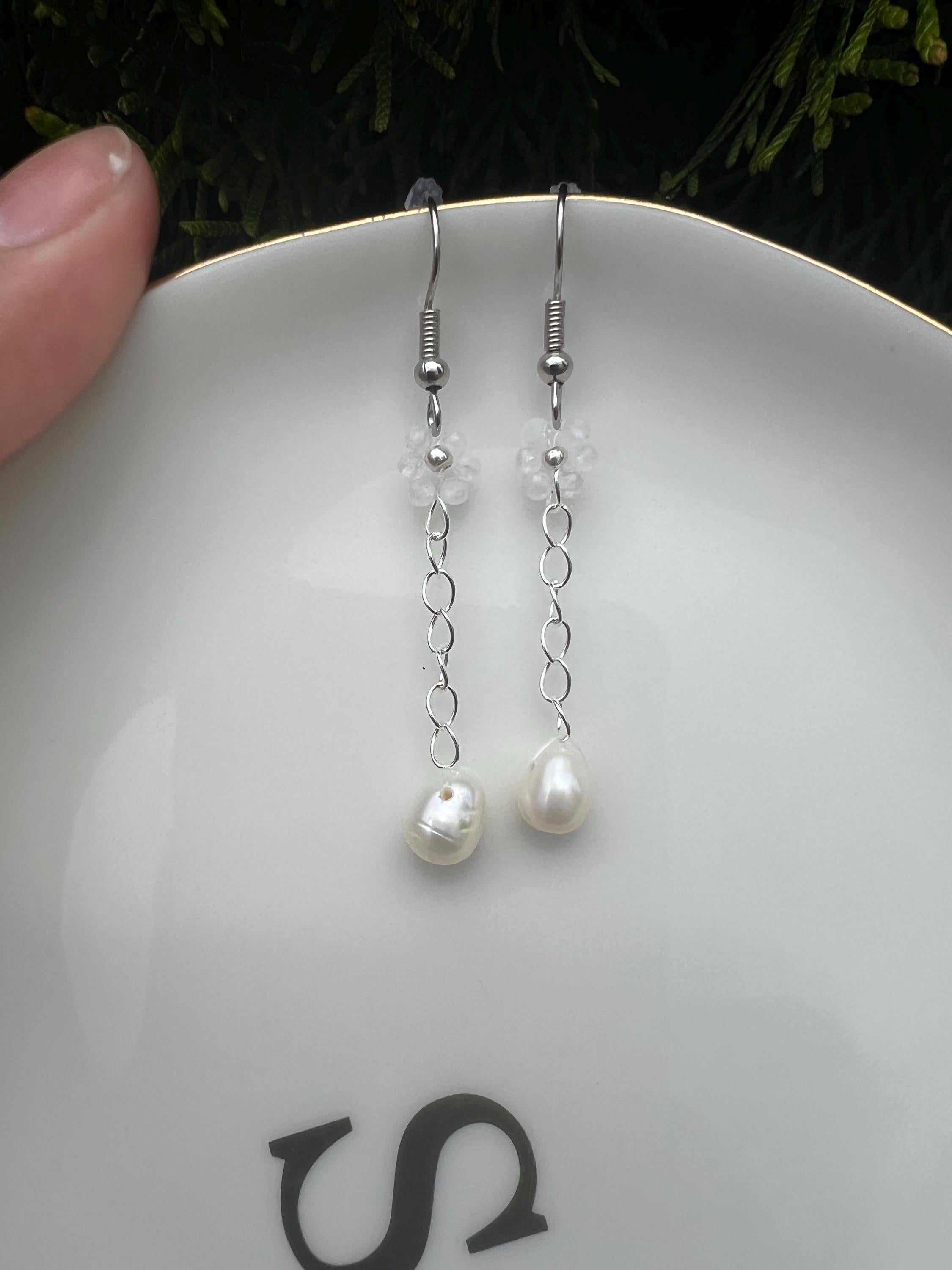 Daisy semi precious natural stone earrings with freshwater pearls