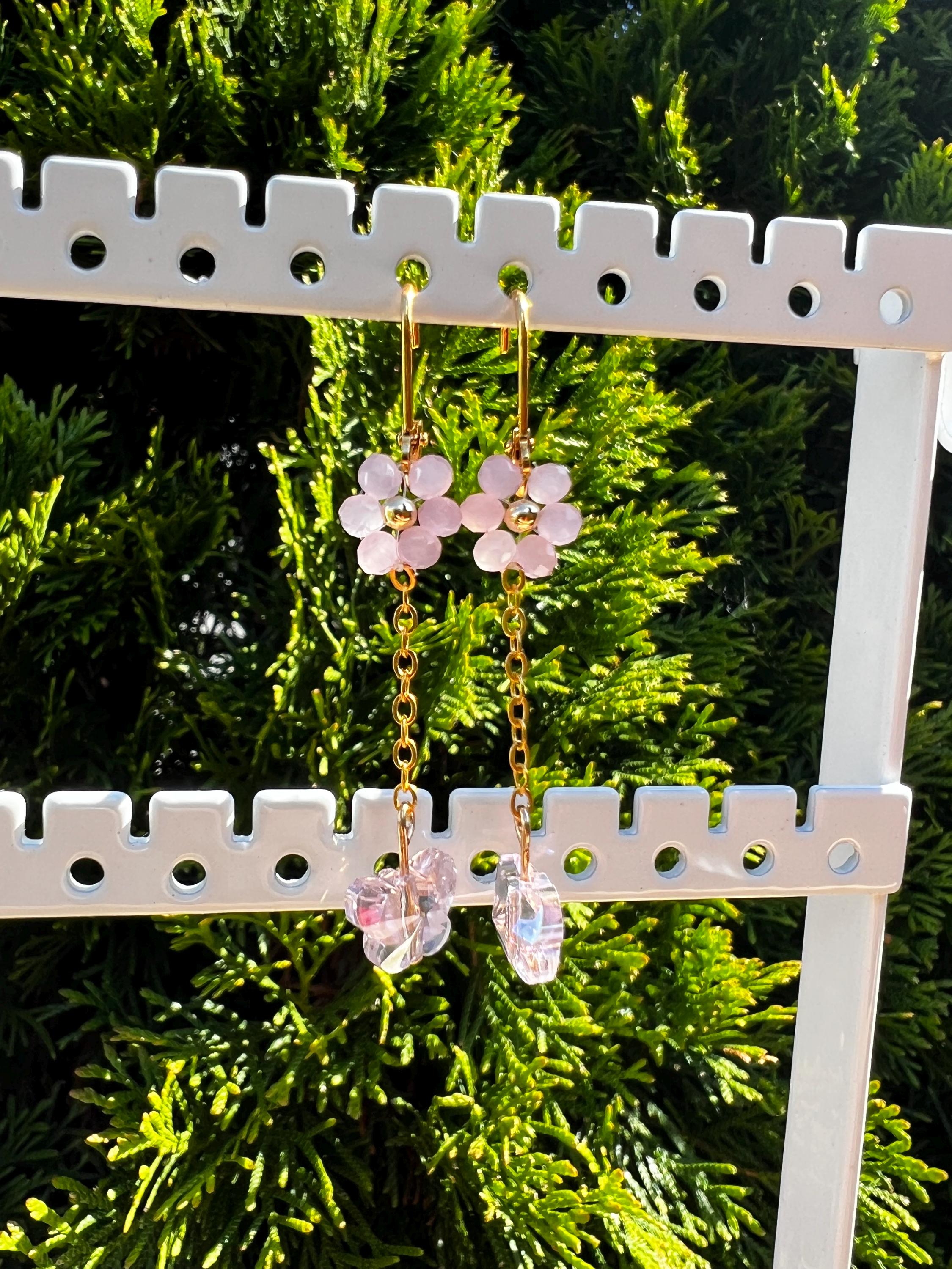 Daisy pink crystal earrings with butterfly