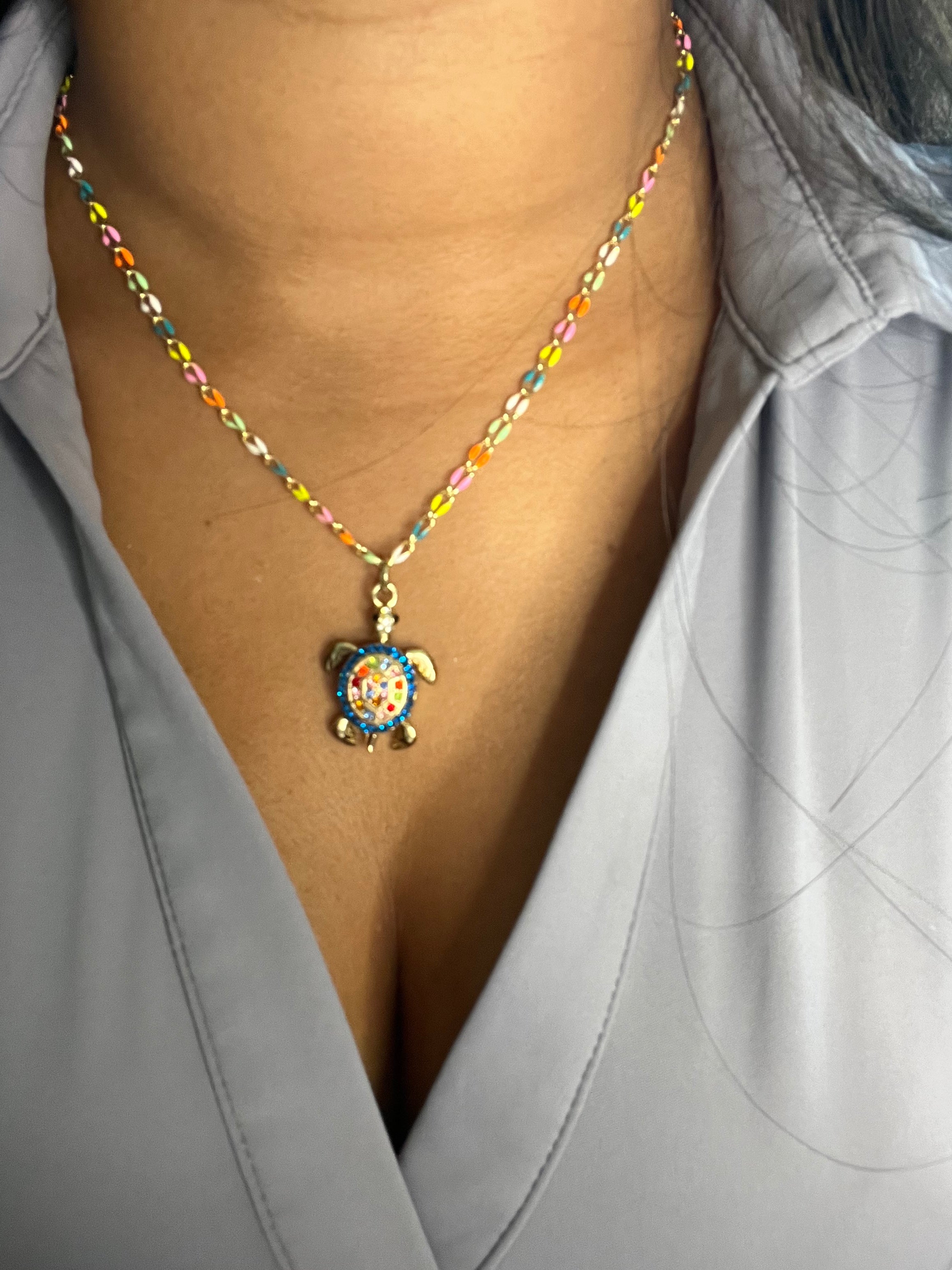 Rainbow enamel gold  Necklace with turtle charm