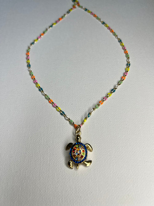 Rainbow enamel gold  Necklace with turtle charm