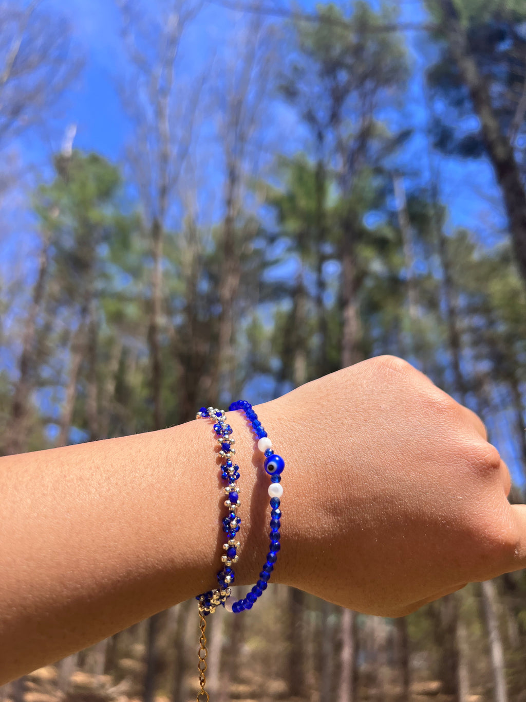 Blue evil eye bracelet with Daisy stacker bracelet 2pcs