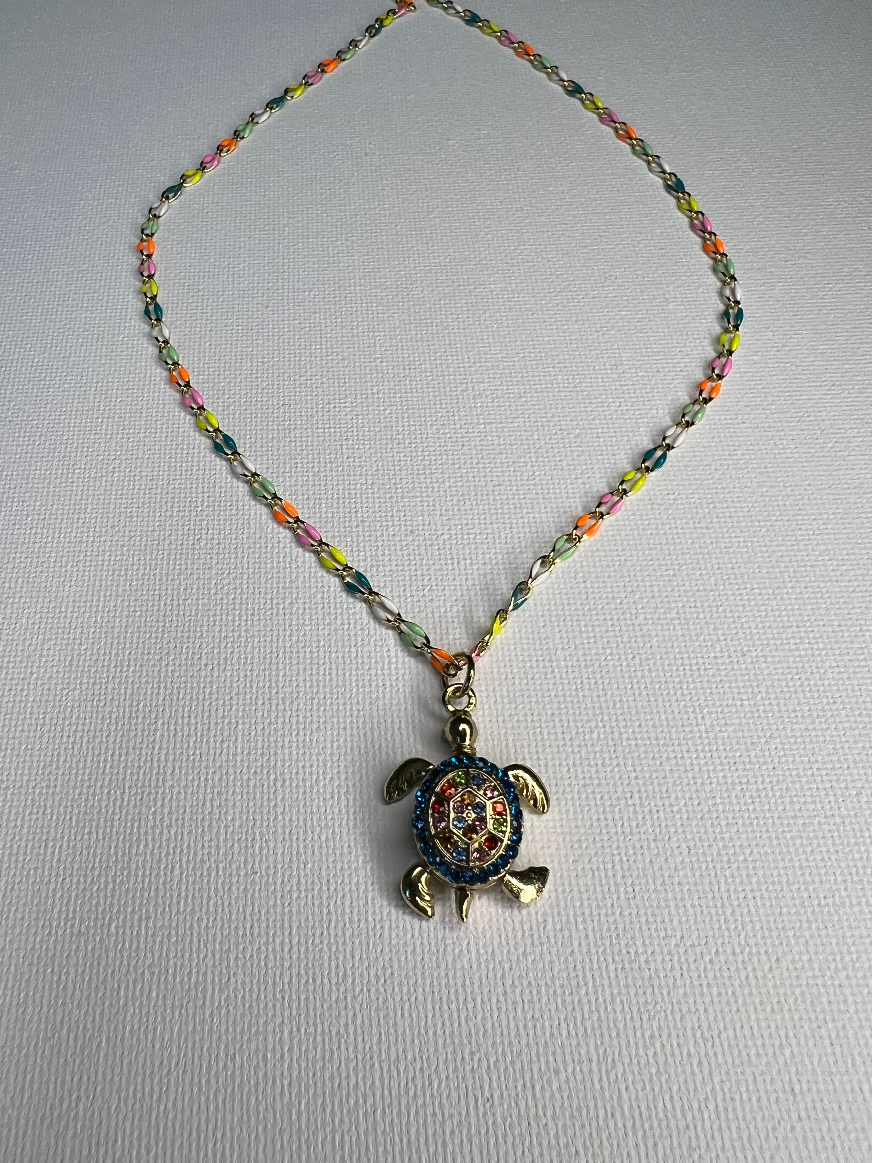 Rainbow enamel gold  Necklace with turtle charm