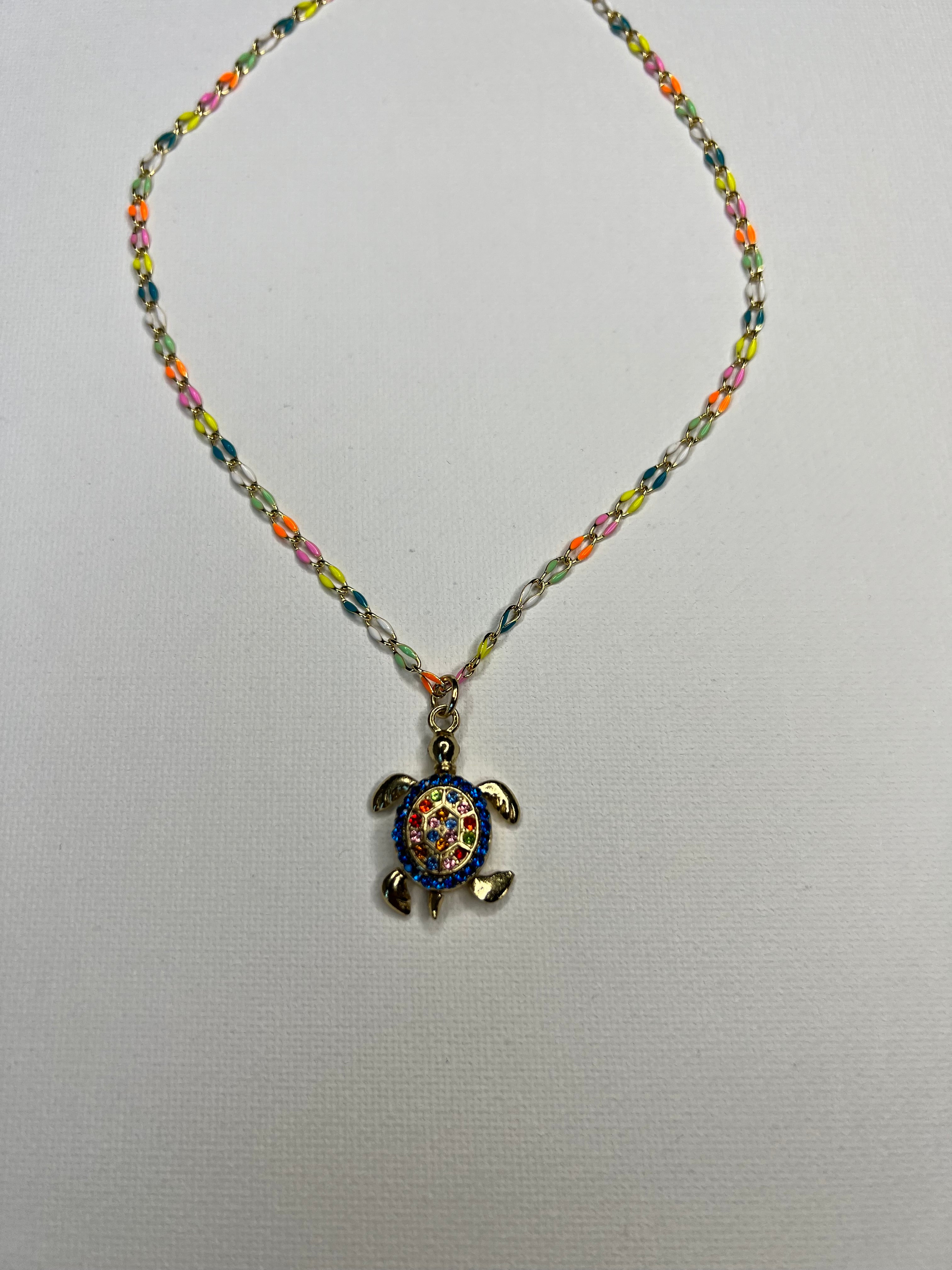 Rainbow enamel gold  Necklace with turtle charm