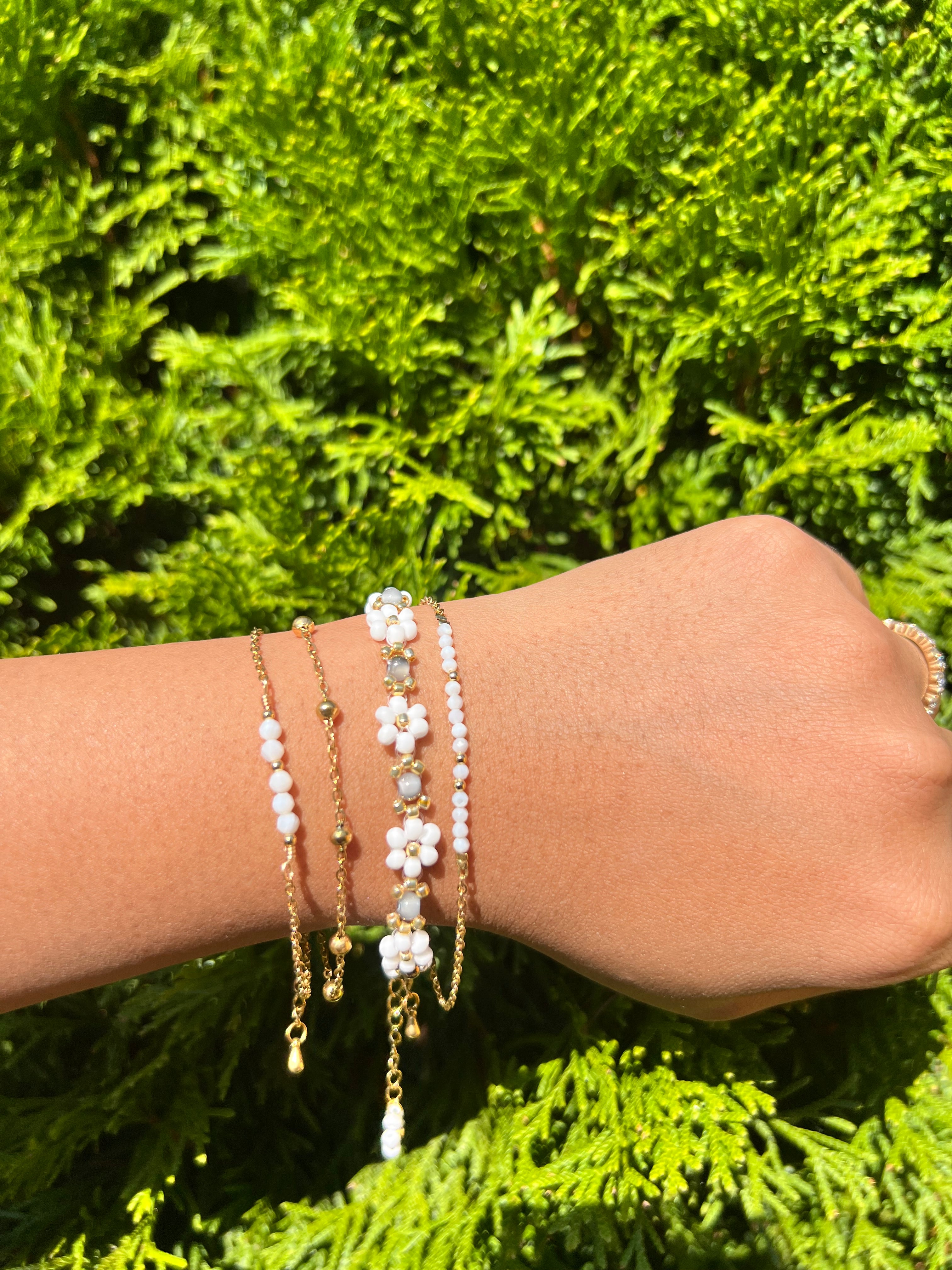 White and gray Daisy triple stack set Daisy Beaded Bracelet