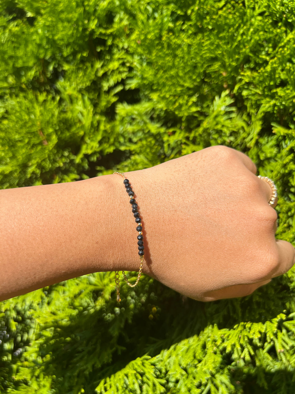 Black Minimalist Dainty gemstone bead bracelet with chain