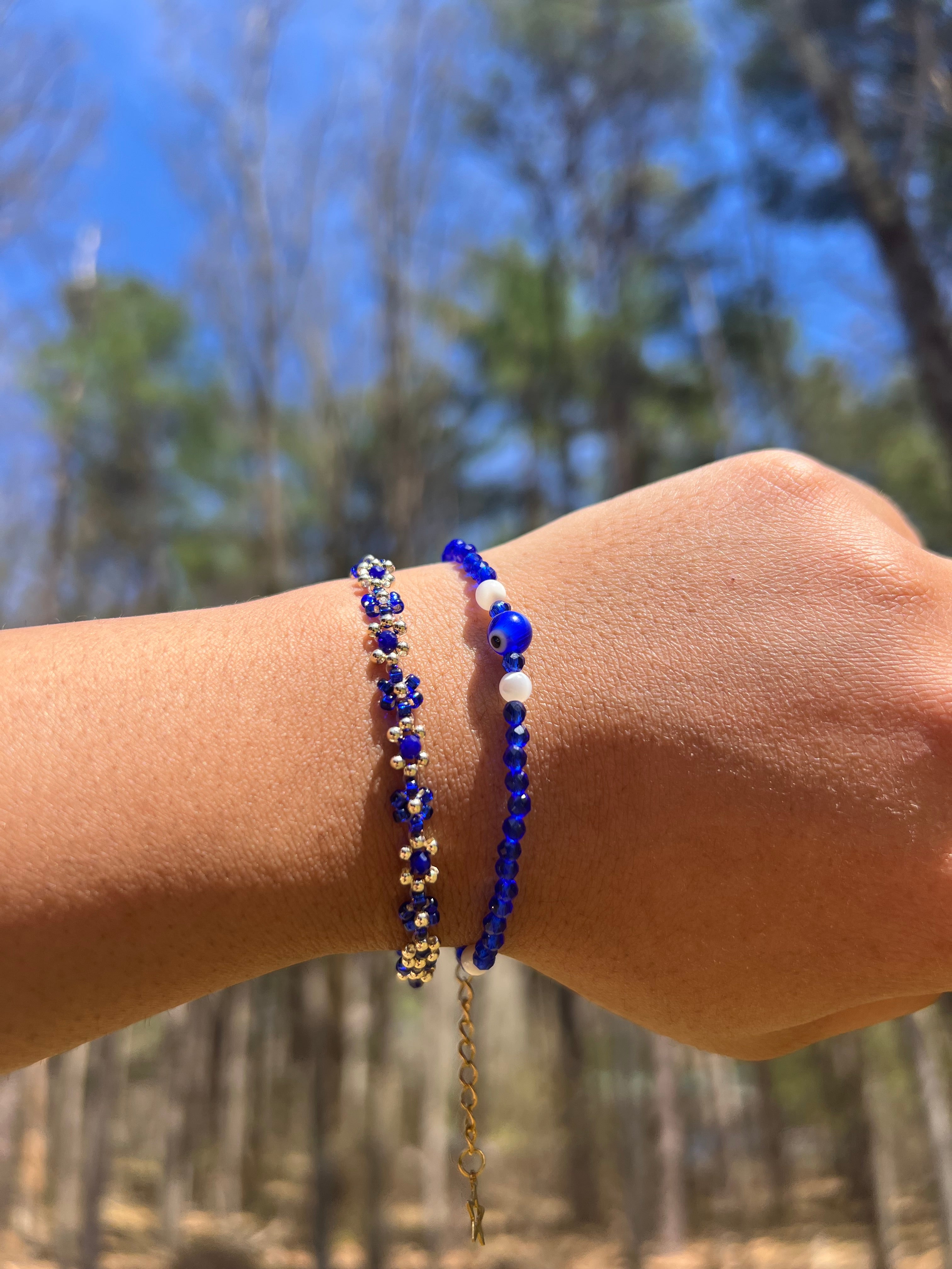 Blue evil eye bracelet with Daisy stacker bracelet 2pcs