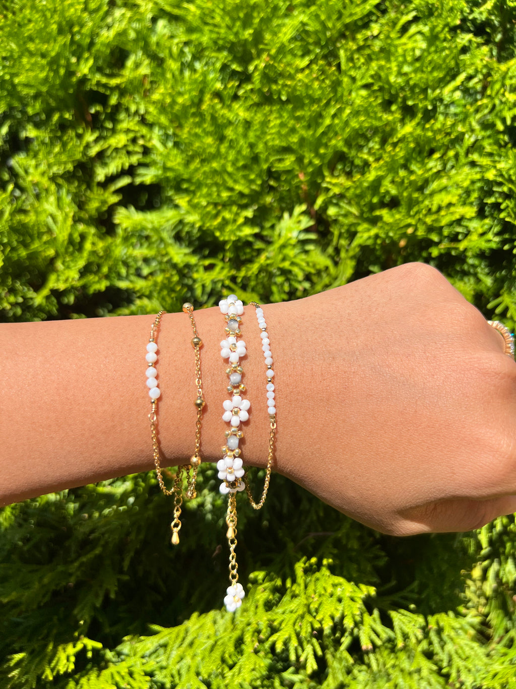 White and gray Daisy triple stack set Daisy Beaded Bracelet
