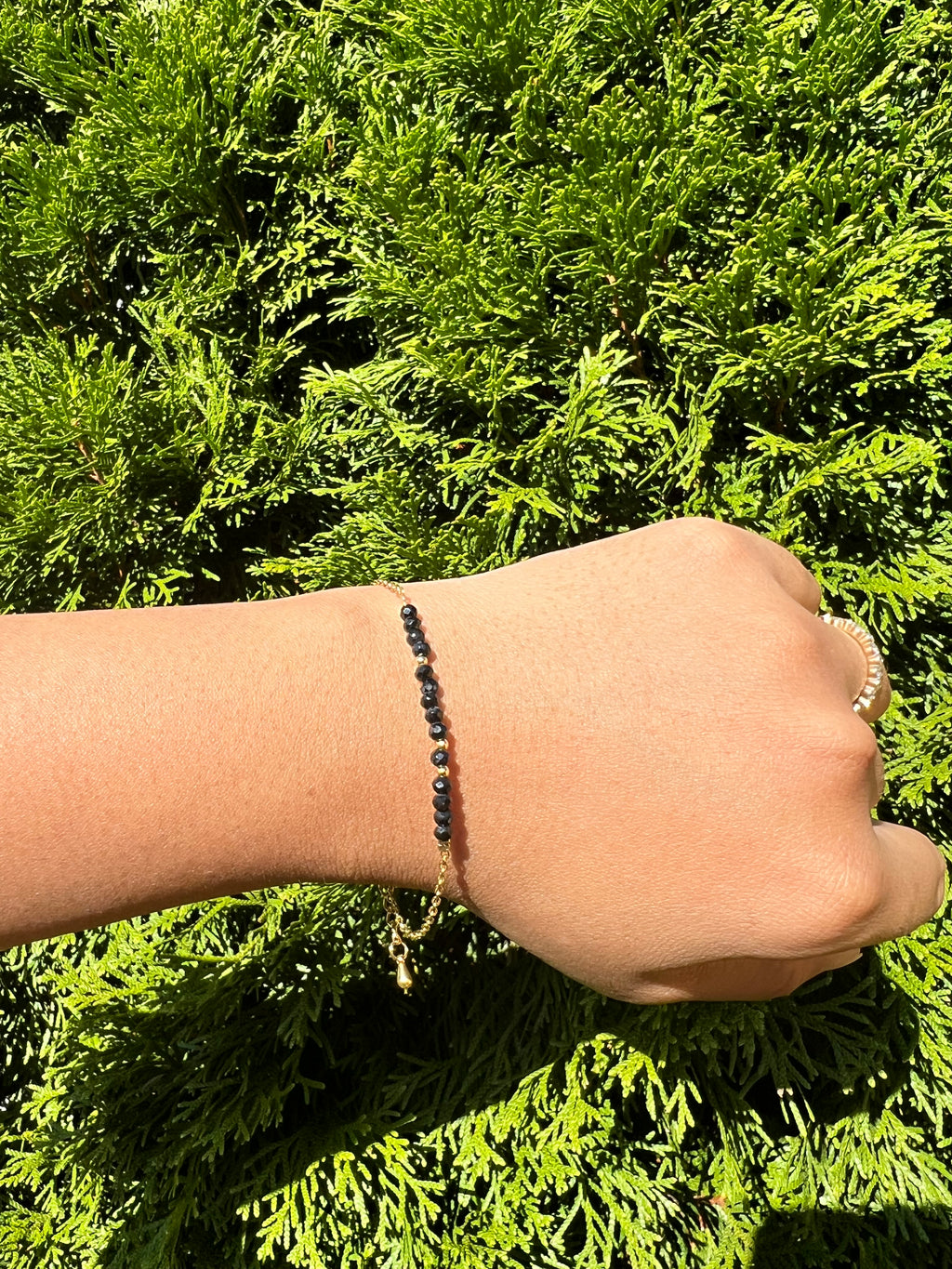 Black Minimalist Dainty gemstone bead bracelet with chain