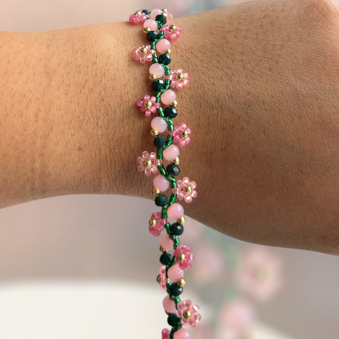 Pink & Green cherry blossom daisy bracelet
