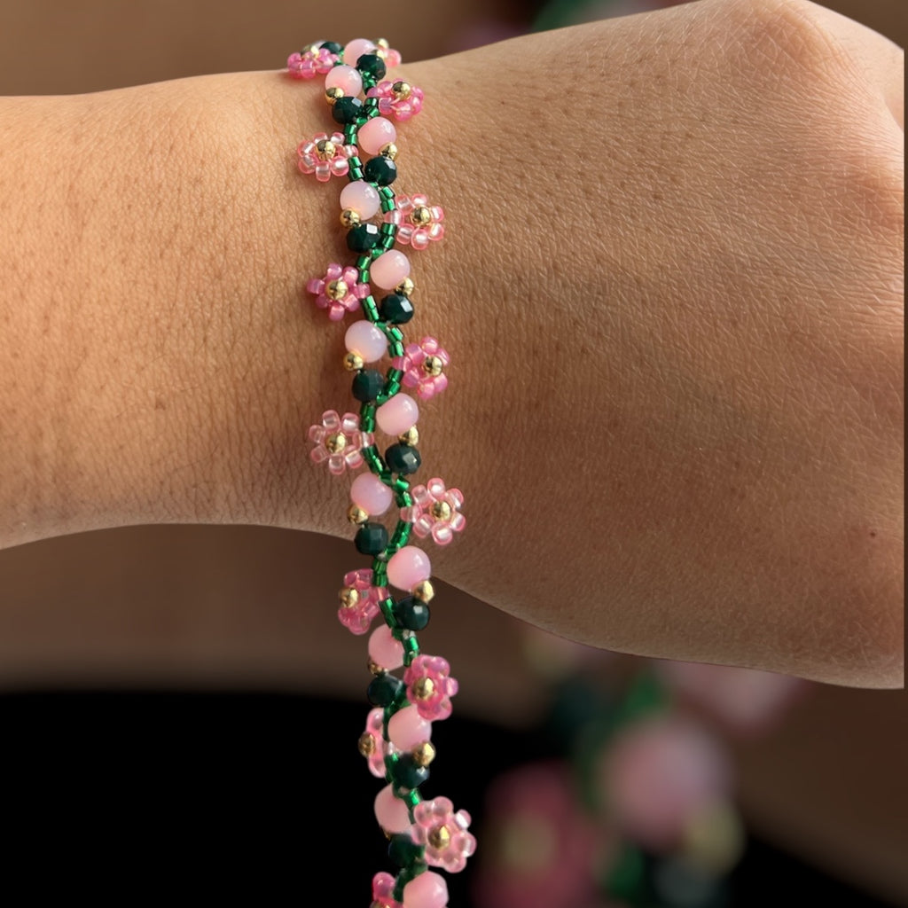 Pink & Green cherry blossom daisy bracelet