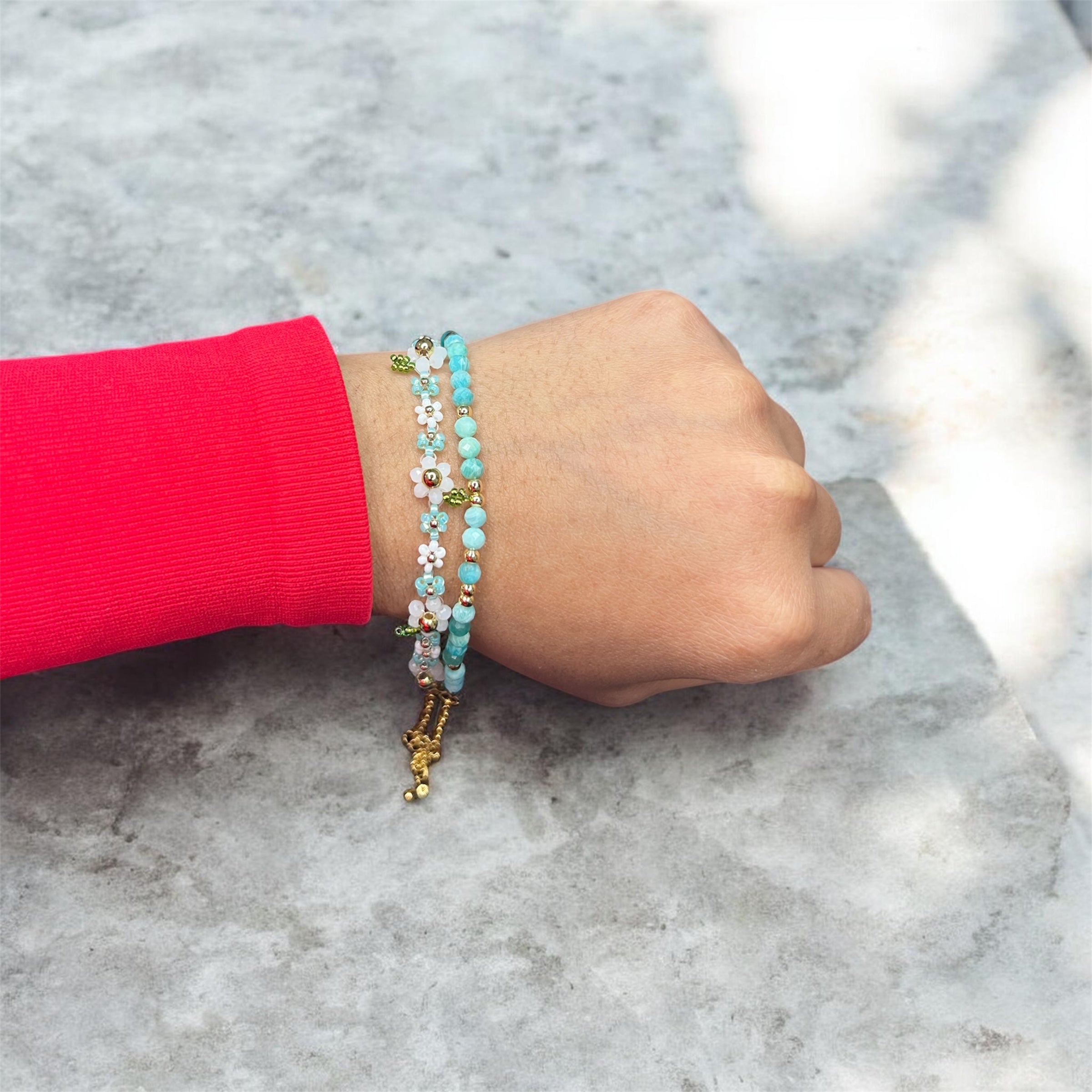 Teal Daisy & stone stack bracelet 2pcs