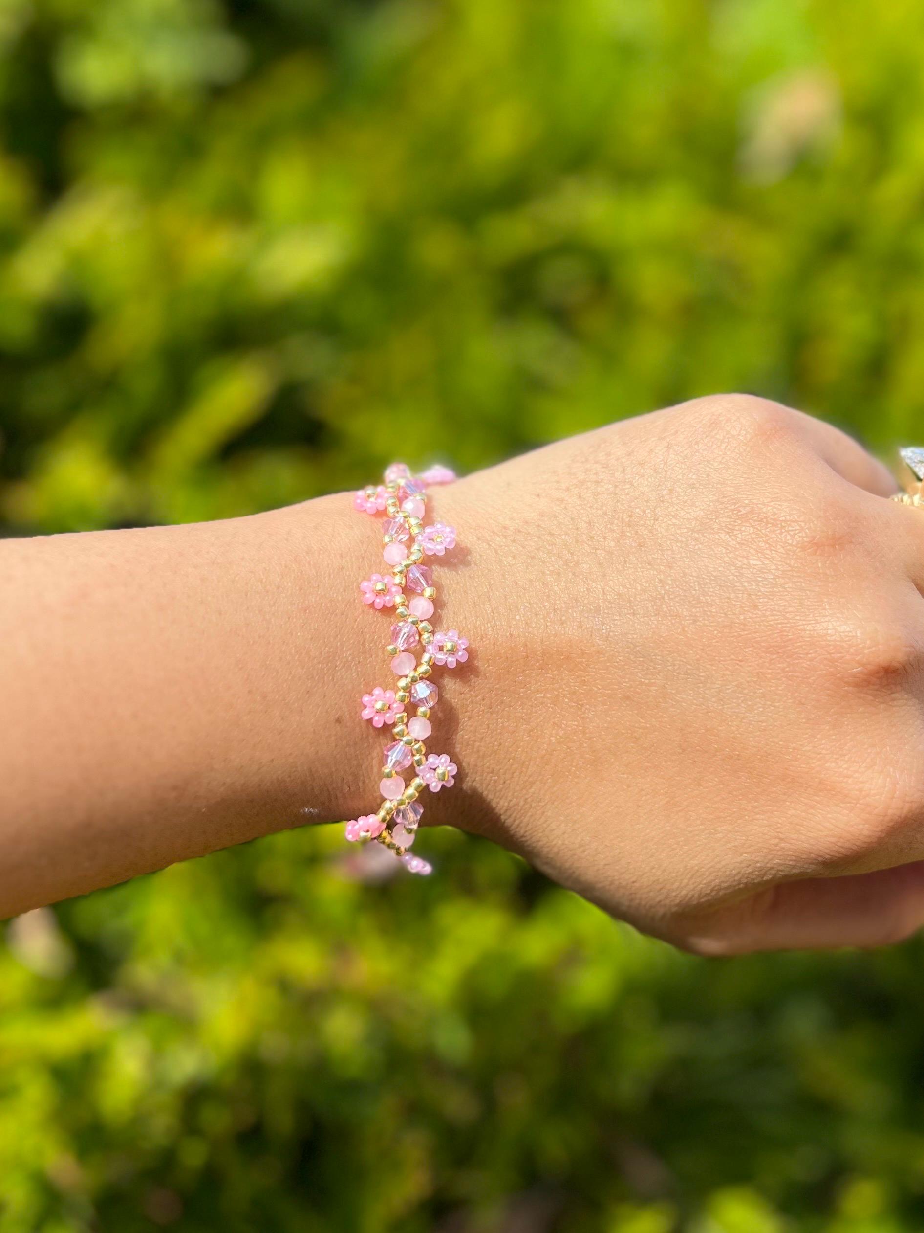 Pink & Purple daisy Beaded Bracelet