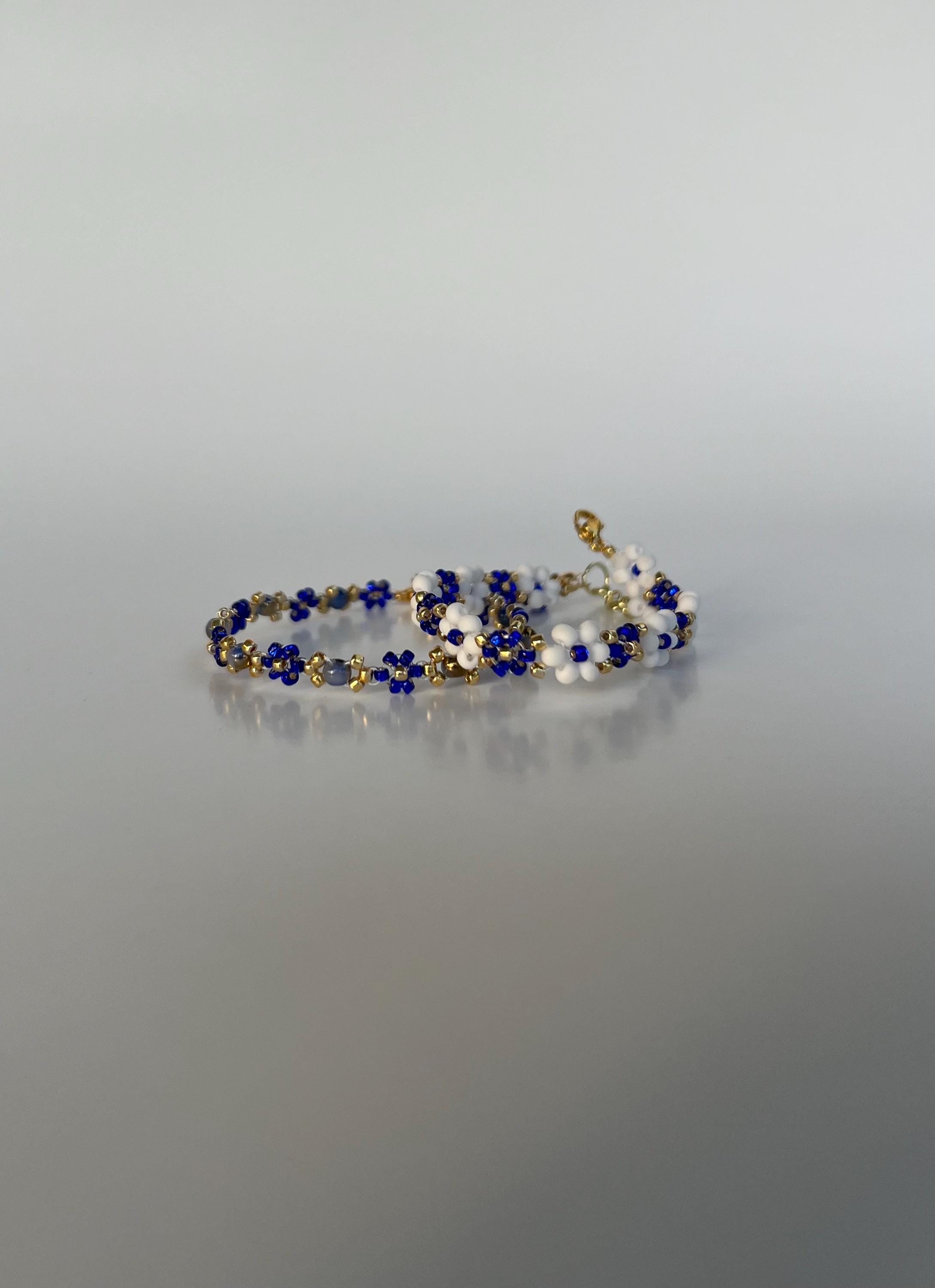 2pcs Blue set Beaded Bracelet, Daisy Bracelet, Flower Bracelet, Dainty, Aesthetic Bracelet, Matching Bracelets, Gift for Her